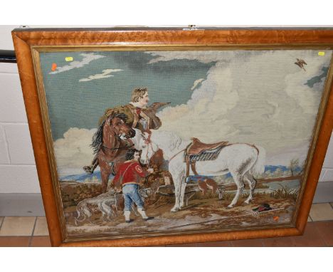 A VICTORIAN NEEDLEPOINT TAPESTRY, depicting a Lord on his horse together with his servant and dogs, approximate size 85cm x 1