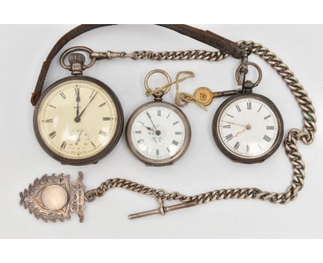 THREE POCKET WATCHES AND A SILVER ALBERT CHAIN, the first a manual wind, open face 'Smith' pocket watch, round cream Roman nu
