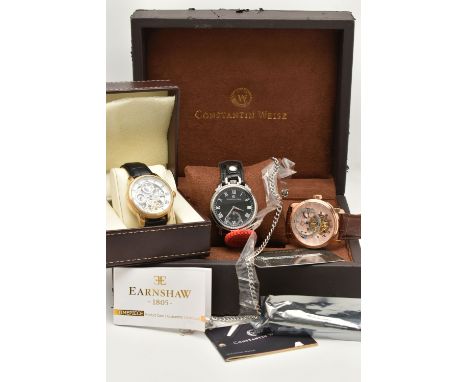 THREE DESIGNER WRISTWATCHES, the first with circular black face with Roman numerals and subsidiary seconds dial and a leather