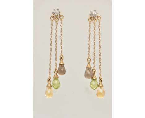 A PAIR OF YELLOW METAL GEM SET DROP EARRINGS, each post set with a small cluster of single cut diamonds, suspending three cha