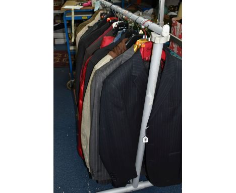 A SMALL CLOTHES RAIL AND A GROUP OF GENTLEMEN'S DESIGNER JACKETS AND SUITS, comprising a black leather Urban Stone jacket, si