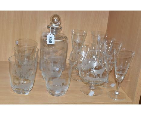 A ROWLAND WARD DECANTER AND GLASSES, WITH SIMILAR, comprising a square decanter, engraved on all four sides with an African s