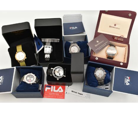 SEVEN BOXED WRISTWATCHES, to include three Fila chronograph watches, two with titanium cases, one stainless steel, all with p