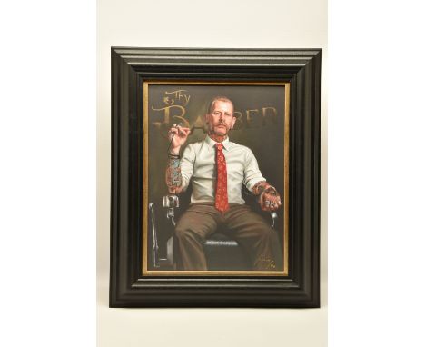 VINCENT KAMP (BRITISH CONTEMPORARY) 'TRUST THY BARBER', a signed limited edition print depicting a tattooed barber sitting in
