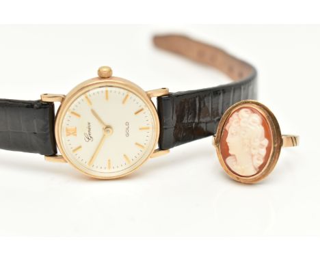 A LADIES 9CT GOLD WRISTWATCH AND A YELLOW METAL CAMEO RING, quartz movement, round silver dial signed 'Geneve Gold', Roman nu