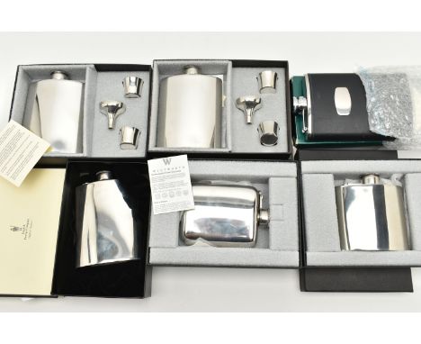 A BOX OF ASSORTED HIP FLASKS, the first a boxed 'English Pewter Company', a stainless steel and leather hip flask, two boxed 