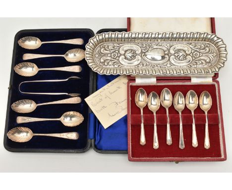 TWO CASED SETS OF SILVER SPOONS AND A TRAY, the first a set of six bright cut pattern teaspoons with shell shape bowls and en
