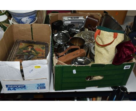 TWO BOXES OF MIXED MISCELLANEOUS ITEMS to include a Kershaw Eight Camera, an Agfa Isolette camera, a pair of pocket binocular