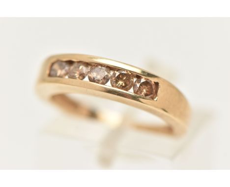 A 9CT GOLD DIAMOND HALF ETERNITY RING, set with five brown round brilliant cut diamonds, estimated total diamond weight 0.40c