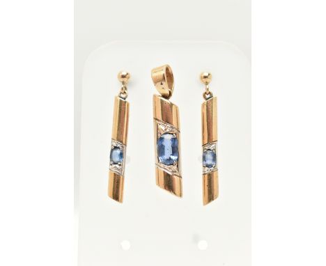 A 9CT GOLD SAPPHIRE PENDANT AND MATCHING EARRINGS, polished bar pendant, set with an oval cut blue sapphire, four claw set, p