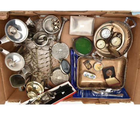 A BOX OF ASSORTED WHITE METAL WARE, to include a 'Smiths Empire' manual wind, base metal pocket watch with case, a 'Rouan' ma