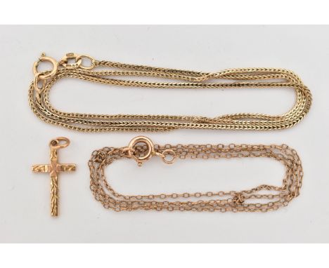 TWO CHAINS AND A CROSS PENDANT, the first a fox tail chain fitted with a spring clasp, hallmarked 9ct London import, length 4