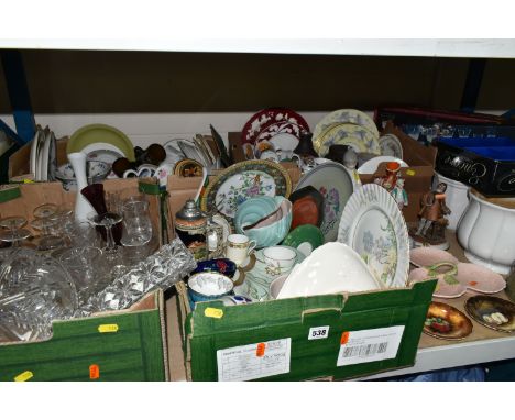 FOUR BOXES AND LOOSE CERAMICS AND GLASS WARE, to include a large Poole Pottery twin tone seashell no C96, two Everill &amp; S