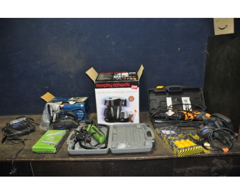 A COLLECTION OF POWER TOOLS AND HOUSEHOLD ELECTRICALS including NuTool circular saw, jigsaw and planer, a JCB reciprocating s