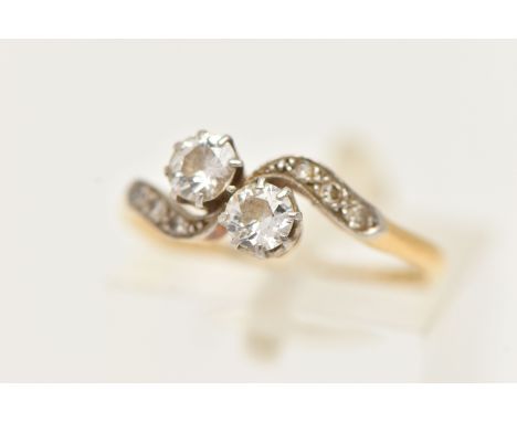 A YELLOW METAL DIAMOND RING, set with two old cut diamonds, each in an eight claw setting, estimated total diamond weight 0.4