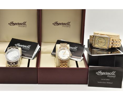 THREE INGERSOLL DIAMOND QUARTZ WRISTWATCHES ALL WITH BOXES, all stainless steel, 100m water resistant and with bracelet strap