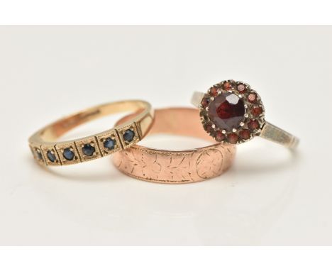 A SELECTION OF THREE RINGS, to include a sterling silver garnet cluster ring (AF), hallmarked sterling silver Birmingham 1975