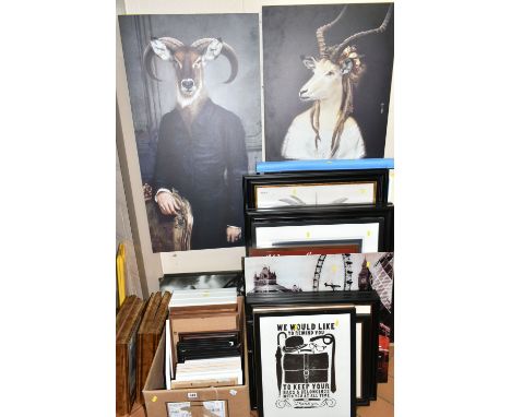A QUANTITY OF DECORATIVE PICTURES AND PRINTS ETC, to include two prints on board depicting a goat and an antelope wearing clo