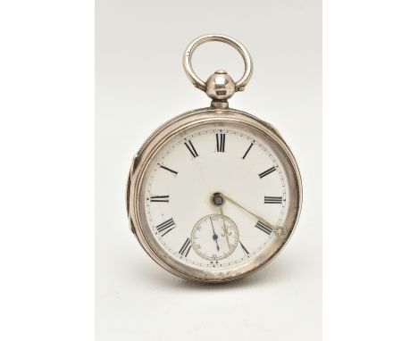 A LATE VICTORIAN SILVER OPEN FACE POCKET WATCH, key wound, round white dial, Roman numerals, subsidiary dial at the six o'clo