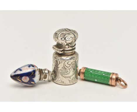 A SMALL SCENT BOTTLE, PENDANT AND PROPELLING PENCIL, the white metal foliate detailed scent bottle with hinged cover, unmarke