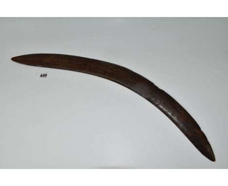 AN ABORIGINAL BOOMERANG, hardwood, possibly 19th century carved with a simple design of snake, lizard, fish, trees, and platy