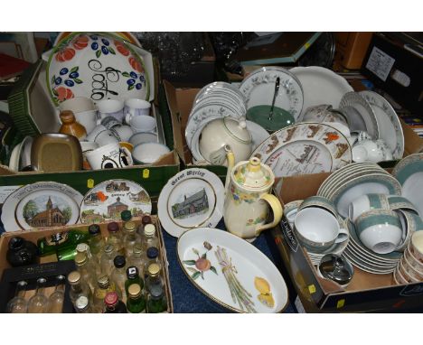 FIVE BOXES OF CERAMICS, METALWARE AND GLASSWARE, to include a quantity of Johnson Brothers 'Snowhite' pattern dinnerware, a s