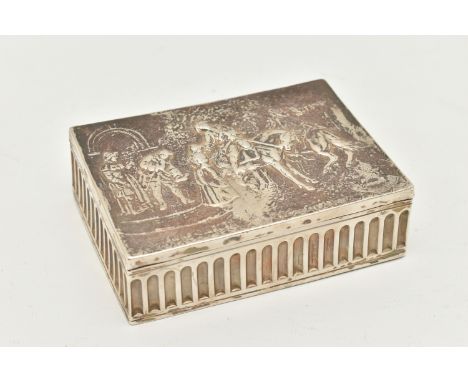 A SILVER EMBOSSED BOX, of rectangular form, embossed street scene with horse and people to the hinged cover, hallmarked 'B.Mu