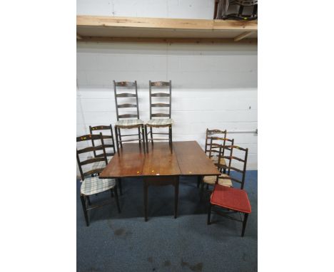 A GEORGIAN OAK DROP LEAF DINING TABLE, open width 142cm x closed width 49cm x  depth 120cm x height 72cm, a set of four rush 