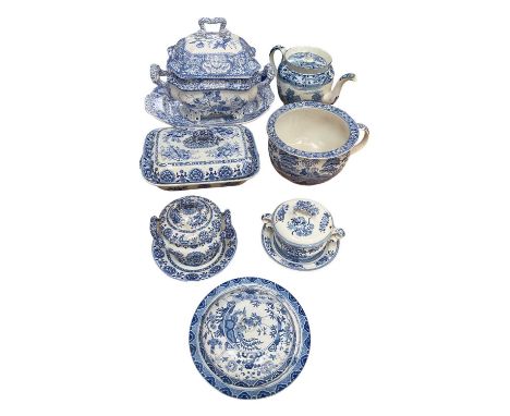 Group of 19th century blue and white transfer printed china, including a Spode soup tureen, cover and stand, a Spode Etruscan