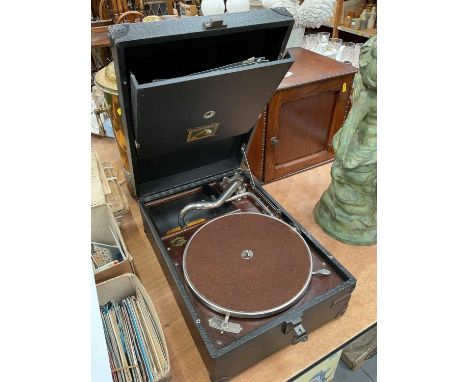 His Master's Voice portable record playerIt winds up and the turntable rotates. Please see additional images on our website