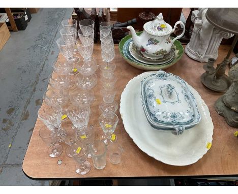 Set of six cut glass champagne saucers, other glassware, Royal Albert teapot and ceramics.