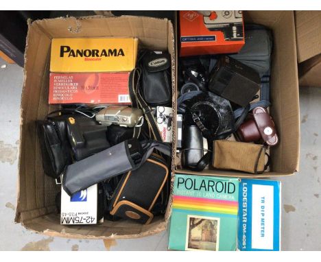 Two boxes of vintage cameras, binoculars and accessories