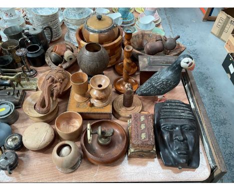 Group of treen items to include Puffin, barley twist candlesticks, nut cracker and other items.