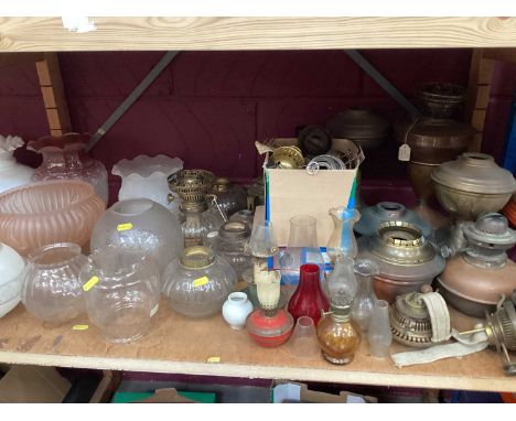 Collection of oil lamp parts, shades, burners etc
