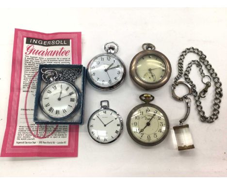 Group of vintage pocket watches including two Ingersoll, Audax, Duke Railway Timekeeper, one other plated pocket watch in cas