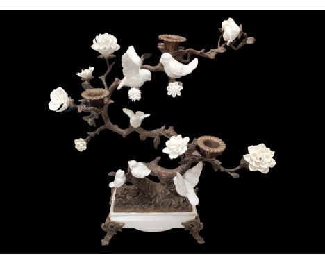 Ceramic and metal candle holder centrepiece with bird and flower decoration, 48cm high