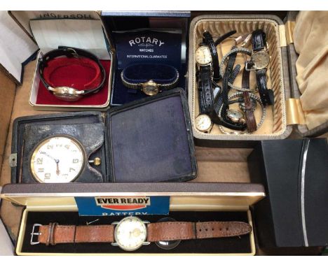 Group of vintage wristwatches including an Ingersoll Triumph. Roamer, Rotary etc and a travel clock