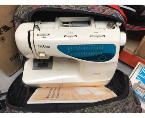 Vintage knitting and sewing machines including a Brother XR-65, Brother knitting machine model KH-836, Janome, Bernina, Bond 