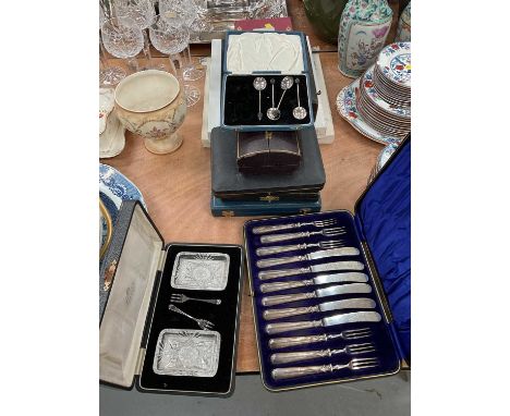 Part set of silver bean end coffee spoons, silver handled desert cutlery, pair of cut glass pickle dishes with silver forks a