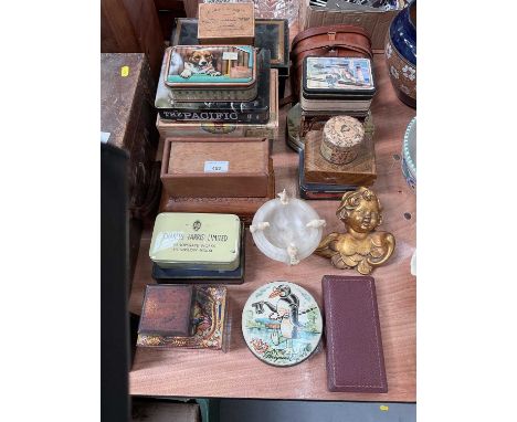 Huntley &amp; Palmers Peregrine Esq. tin, together with other vintage tins, Pilny's Doves marble dish, gilt cherub and other 