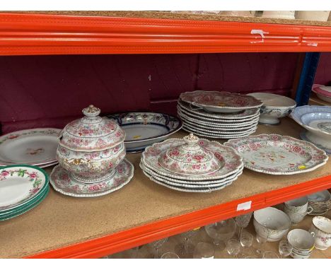 Group of antique ceramics, incliding a 19th century stone china part-service, Mason's plates, Chinese saucers, etc (3 shelves