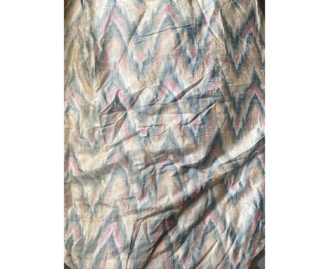 Two pairs of patterned curtains with triple pleats and pink lining. Larger pair measuring approximately 165cm pleated top, 22