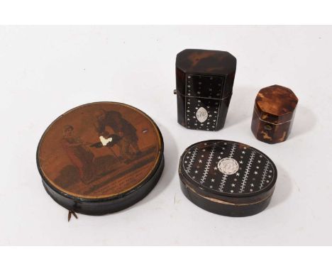 Four Georgian and later boxes, including Georgian tortoiseshell and silver inlaid oval snuff box, similar inlaid étui case, o