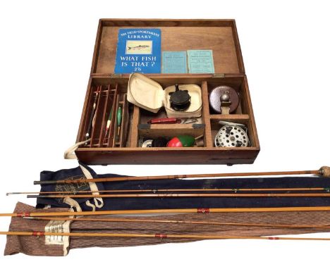 Wooden case containing fishing reels, tackle etc and two vintage rods