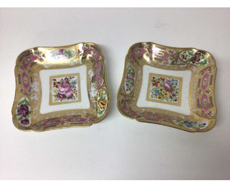 Pair of Sèvres shaped dishes, polychrome painted with floral sprays, on a pink and gilt ground, 19cm acrossSome gilt and enam