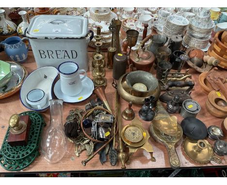 Vintage enamel bread bin, brassware to include candlesticks and various other metalware including a brass door handle from th