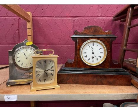 Henry Marc of Paris burr wood mantel clock with enamel dial, together with a silver plated clock and another (3)