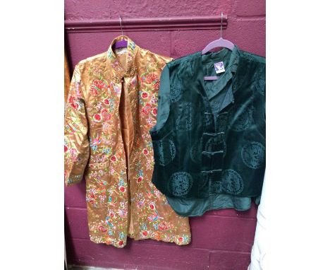 Two large suitcases containing mostly vintage and contemporary Chinese embroidered robes, jackets etc, two bags and a patchwo