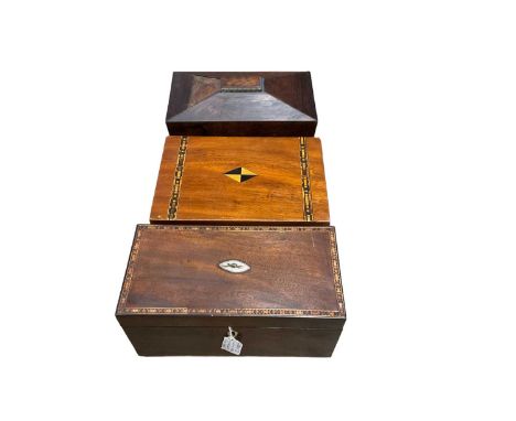 George III tea caddy, Regency rosewood tea caddy and a Victorian writing box (3)