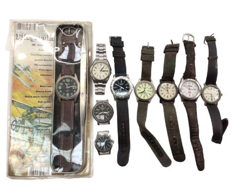 Group of military-style wristwatches including two Timex Expedition, two Lorus Sports, vintage Sekonda etc